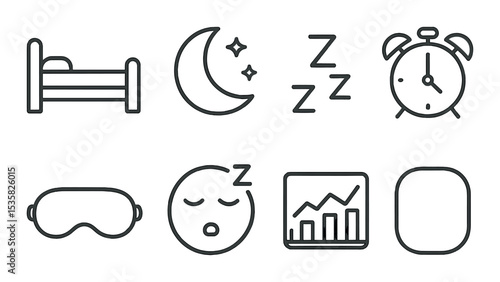 Sleep tracker icons in linear style: bed, moon, stars, zzz symbol, alarm, eye mask, sleepy face, sleep chart.