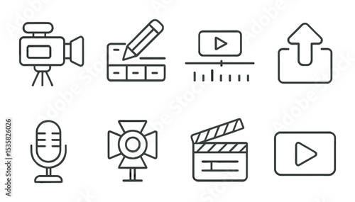 Content creation in linear style: video camera, edit icon, timeline, upload arrow, microphone, lighting, clapboard, thumbnail.