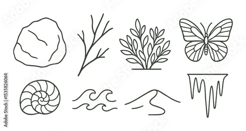 Natural elements: rock, branch, bush, shell, butterfly, waves, sand dune, icicle. Linear style, isolated, no text