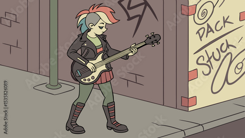 Vector world rock day illustration of a punk rock girl playing bass guitar in an urban setting with graffiti art style