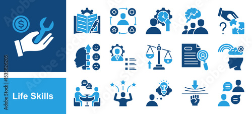 Life Skills icon set with Communication, Problem solving, Emotional intelligence, Soft skills, Resilience, Creative thinking, Confidence.