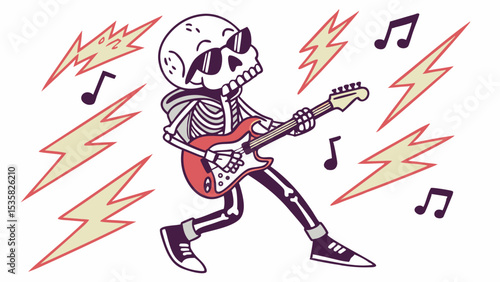 Vector world rock day skeleton rockstar playing electric guitar with sunglasses and lightning bolts music notes vector art