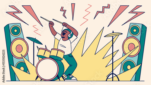 Vector world rock day illustration of a drummer playing drums with speakers and lightning bolts for music production 100