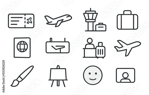 Airport symbols, linear style: boarding pass, airplane, control tower, luggage, passport, gate sign, check-in counter, flight icon.