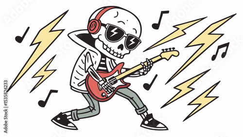 Vector world rock day cool skeleton rock star playing guitar with headphones and lightning bolts illustration vector image