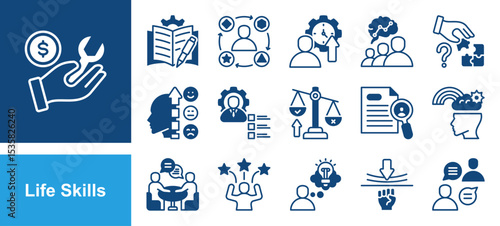 Life Skills icon set with Communication, Problem solving, Emotional intelligence, Soft skills, Resilience, Creative thinking, Confidence.