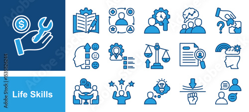 Life Skills icon set with Communication, Problem solving, Emotional intelligence, Soft skills, Resilience, Creative thinking, Confidence.