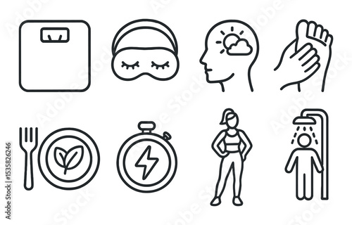 Health and wellness, linear style: digital scale, sleeping mask, mental clarity icon, foot massage, clean eating plate, HIIT icon, woman in sportswear, cold shower.