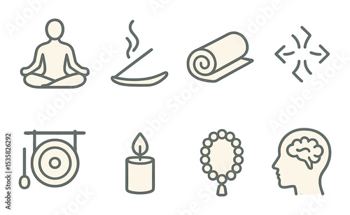 Meditation and wellness linear icons: lotus pose, incense stick, yoga mat, breath symbol, gong, candle, mantra beads, mind icon.