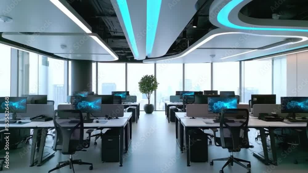 View of a modern office space with rows of desks computers chairs and plants under ceiling lights View of a modern office space with rows of desks computers chairs and plants under ceiling lights