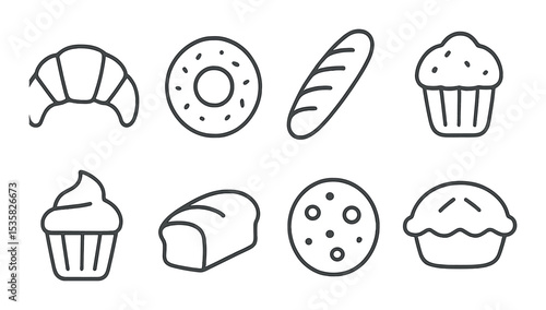 Bakery items linear icons: croissant, donut, baguette, muffin, cupcake, loaf, cookie, pie.