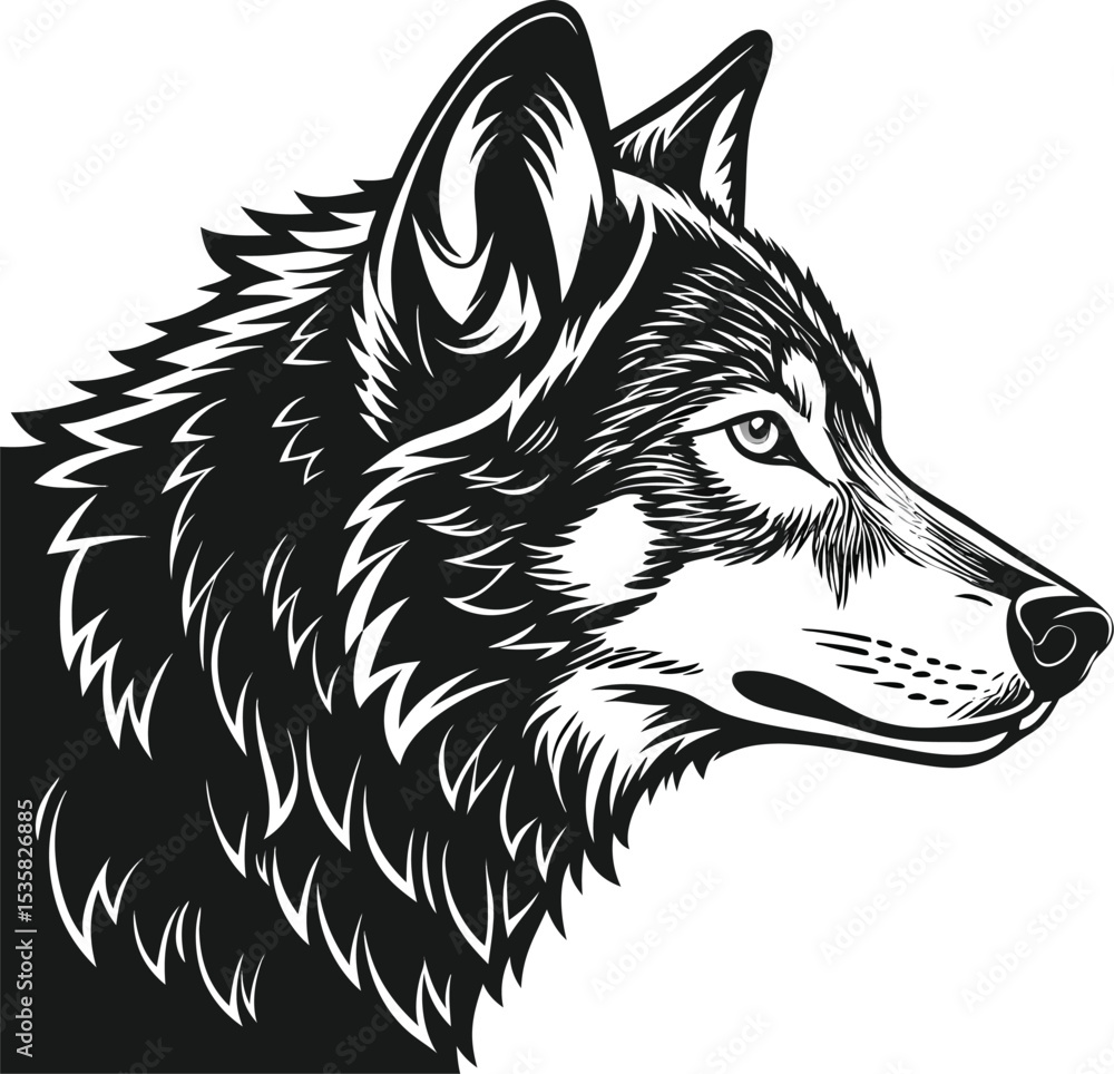 Fototapeta premium detailed vector illustration of wolf head in profile, wild animal black and white tattoo style drawing for logos, designs, or mascots
