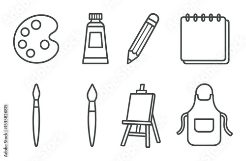 Art class in linear style: palette, paint tube, drawing pencil, sketchbook, sculpture tool, watercolor brush, easel, apron.