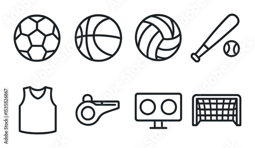 Team sports in linear style: soccer ball, basketball, volleyball, baseball bat, whistle, jersey, scoreboard, goal net.