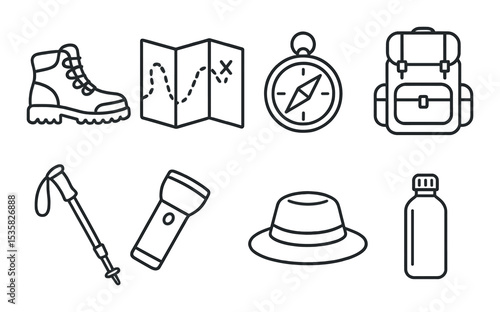 Hiking gear, linear style: hiking boots, trail map, compass, backpack, trekking pole, flashlight, hat, water bottle.