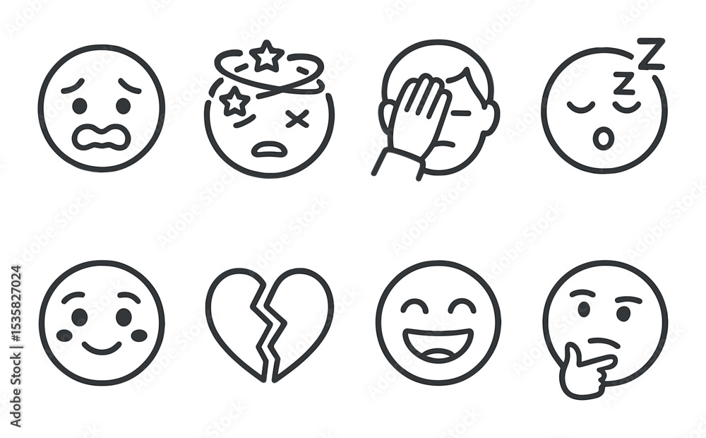 linear style icons of emotions: nervous face, dizzy emoji, facepalm, sleeping emoji, blushing face, broken heart, laughing emoji, thinking face. linear style icons of emotions: nervous face, dizzy emoji, facepalm, sleeping emoji, blushing face, broken heart, laughing emoji, thinking face.