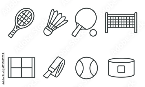 Racquet sports in linear style: tennis racket, shuttlecock, ping pong paddle, tennis ball, net, court lines, grip tape, wristband.