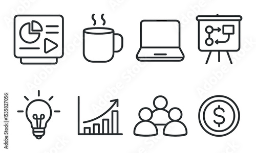 Startup tools, linear style: pitch deck, coffee mug, laptop, whiteboard, lightbulb, growth chart, team icon, funding coin.