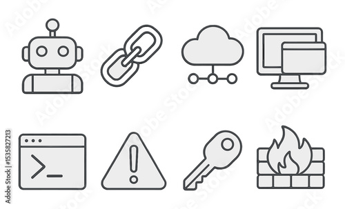 Technology icons linear style: AI bot, blockchain link, cloud computing, remote desktop, terminal window, malware alert, security key, firewall.