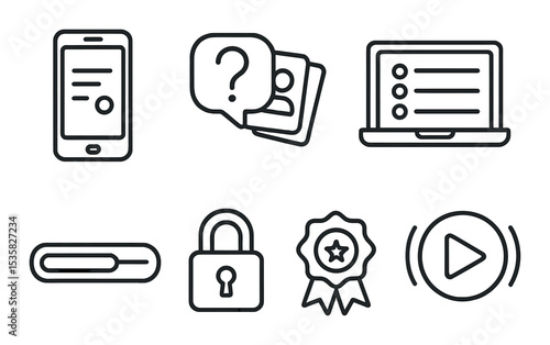 Learning apps in linear style: mobile screen, quiz icon, flashcard set, course module, progress bar, unlock icon, achievement badge, live icon.