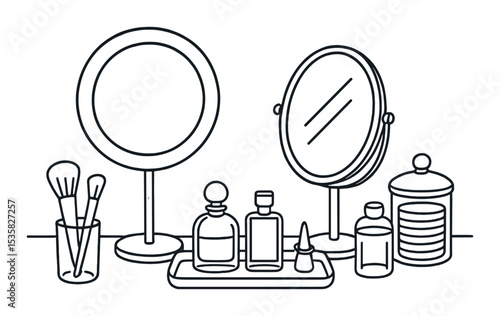 Beauty mirror table: tabletop mirror, brushes, tray, perfumes, glass jar, ring holder, cotton pad jar, light ring. Linear style, isolated, no text