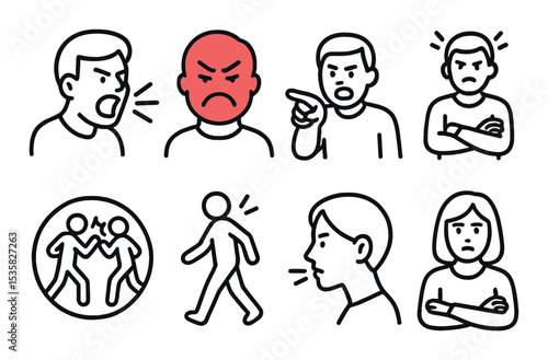 Conflict and anger in linear style: shouting face, red face, pointing angrily, crossed arms, frustration lines, fight icon, walk away, silent treatment.
