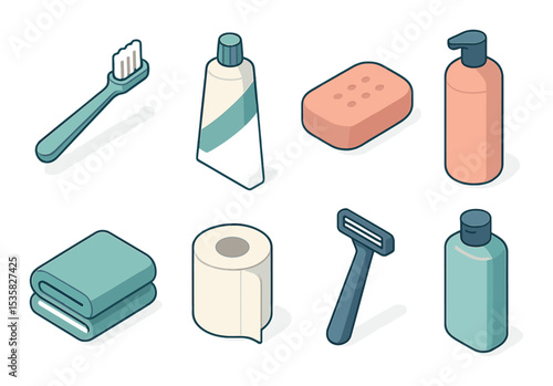 Bathroom items in modern flat vector : toothbrush, toothpaste, soap, shampoo, towel, toilet paper, razor, shower gel.