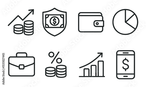Financial icons: investment arrow, secure cash, wallet icon, pie chart, portfolio, interest icon, stock, mobile money. Linear style, isolated, no text