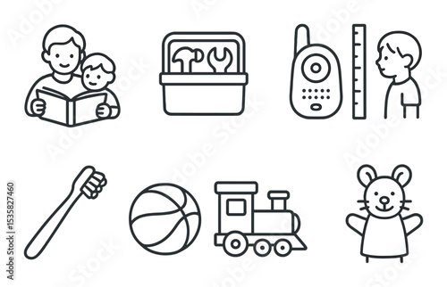 Children icons linear style: bedtime story, toy toolbox, baby monitor, growth chart, children’s toothbrush, soft ball, toy train, hand puppet.