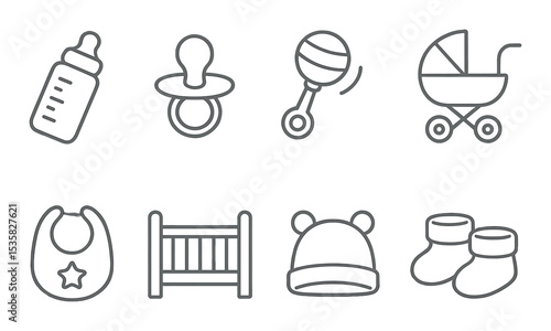 Children icons linear style: baby bottle, pacifier, rattle, stroller, bib, crib, baby hat, booties.