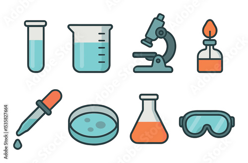 Science lab tools in modern flat vector : test tube, beaker, microscope, Bunsen burner, pipette, petri dish, flask, safety goggles.
