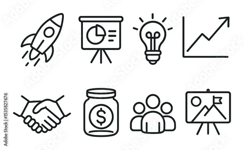 Startup business, linear style: rocket launch, pitch deck, idea bulb, graph arrow, handshake, funding jar, team icon, vision board.