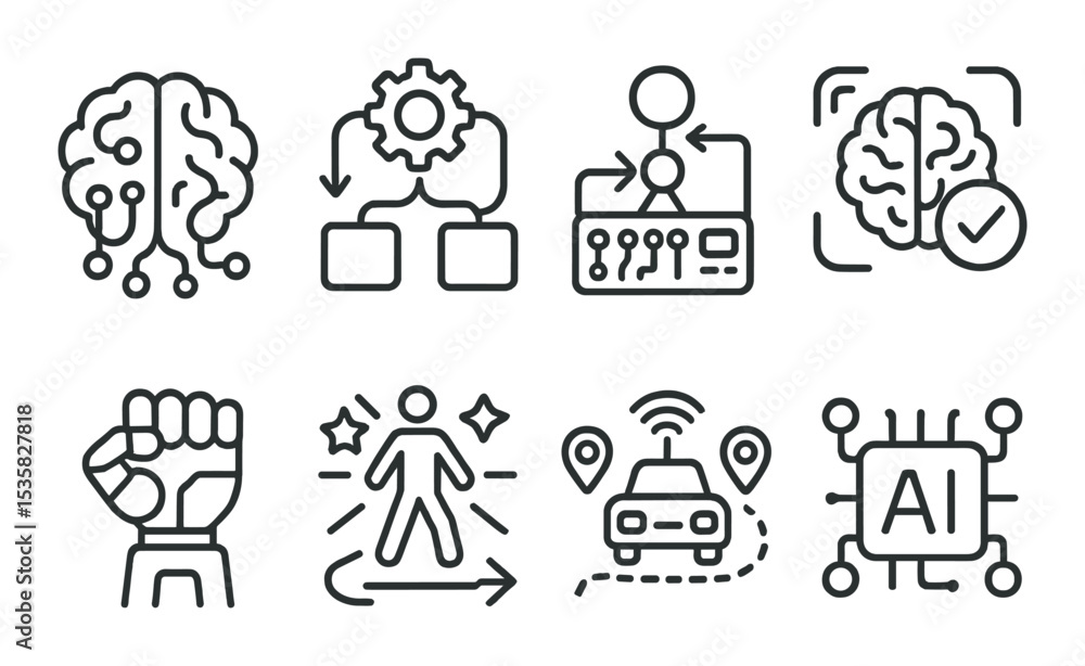 AI & robotics in linear style: neural circuit, machine feedback, robotics data, AI accuracy icon, behavior model, autonomous navigation, tech control panel, AI icon. AI & robotics in linear style: neural circuit, machine feedback, robotics data, AI accuracy icon, behavior model, autonomous navigation, tech control panel, AI icon.