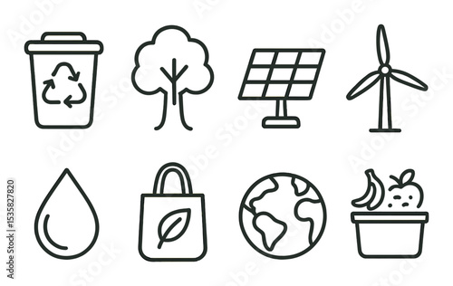 Environmental care in linear style: recycling bin, tree, solar panel, wind turbine, water droplet, reusable bag, globe, compost.