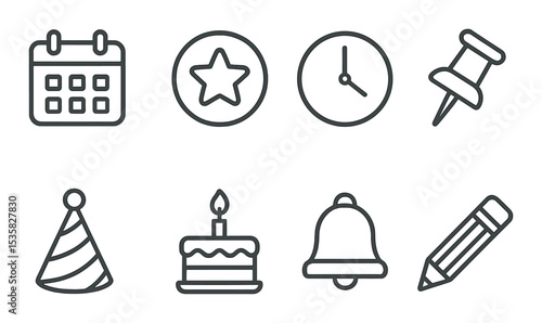 Calendar events in linear style: calendar, event star, clock, pin, party hat, birthday cake, reminder bell, pencil.