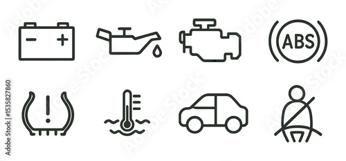 Car warning lights: battery alert, oil pressure, engine light, ABS, tire pressure, coolant temp, door open, seatbelt. Linear style, isolated, no text