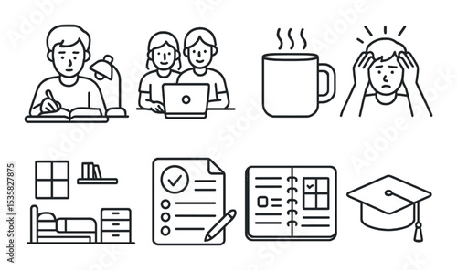 Student life in linear style: late night study, group work, coffee mug, exam stress, dorm room, test paper, planner, graduation cap.