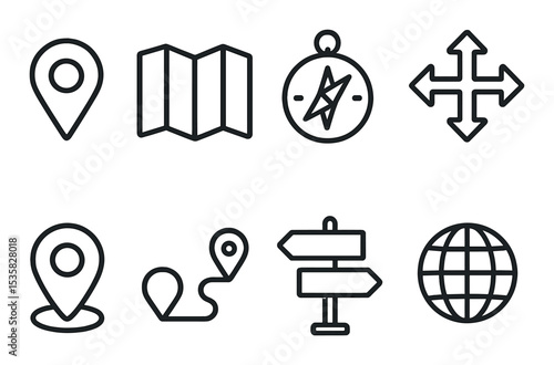 Maps and navigation, linear style: GPS pin, folded map, compass, direction arrows, location marker, route path, street sign, globe.