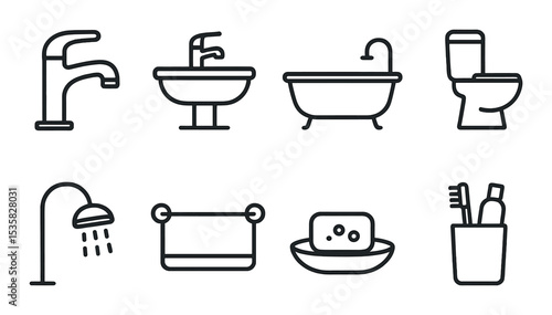 linear style icons of home items: faucet, sink, bathtub, toilet, shower head, towel rack, soap dish, toothbrush holder.