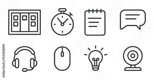 linear style icons of online work: project board, time tracker, note pad, messaging app, headphones, computer mouse, lightbulb idea, webcam.