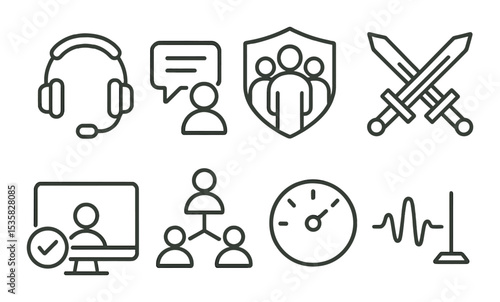 Multiplayer gaming: headset, voice chat, squad icon, team emblem, duel swords, online status, matchmaking, ping icon. Linear style, isolated, no text