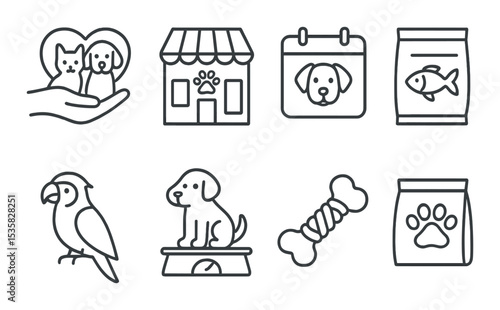 Pets & animals in linear style: adoption icon, pet store, vet appointment, fish food, parrot icon, pet scale, chew toy, dog treat bag.