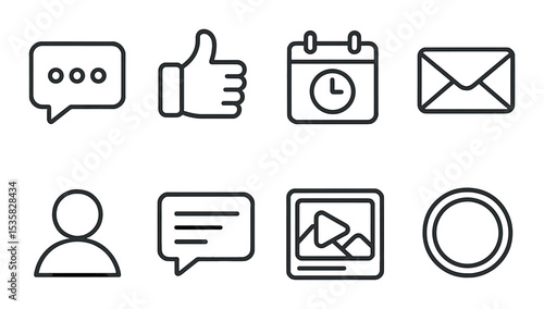 Social media & communication in linear style: message bubble, like icon, post scheduler, direct message, social profile, chat icon, video post, story circle.