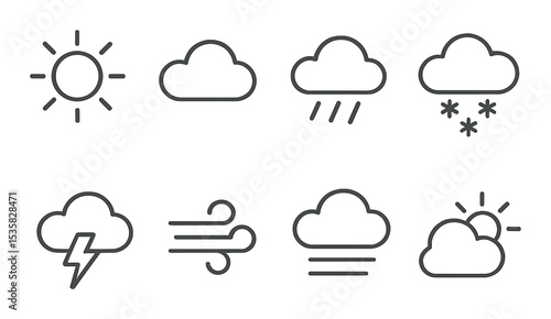 Weather forecast in linear style: sunny, cloudy, rainy, snowy, thunderstorm, windy, foggy, partly cloudy.