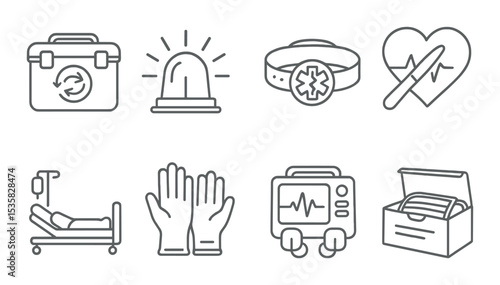 Medical icons linear style: organ transplant box, ambulance siren, medical alert bracelet, heart surgery, recovery bed, medical gloves, defibrillator, mask box.