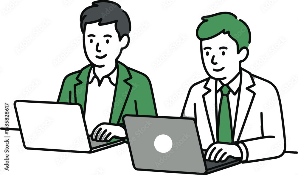 Two businessmen working on laptops isolated on white background Two businessmen working on laptops isolated on white background