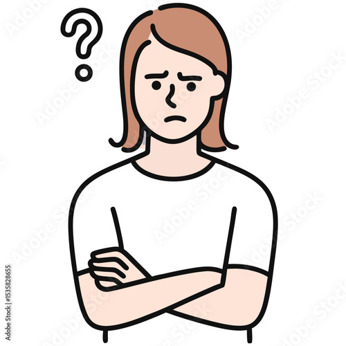 Anxious Caucasian woman with folded arms and a question mark above her head seems puzzled