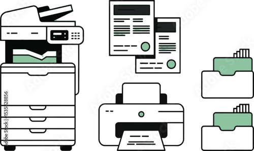 Vector cartoon illustration of office printing equipment isolated on white background