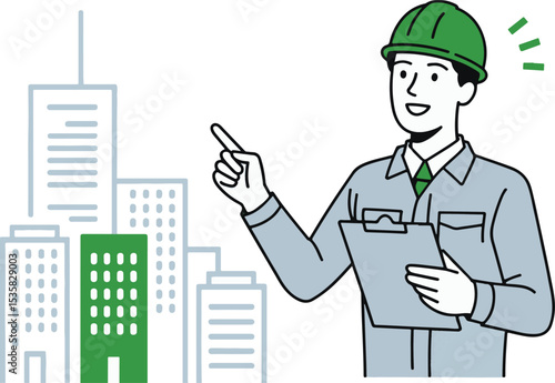Construction worker pointing at building isolated on white background