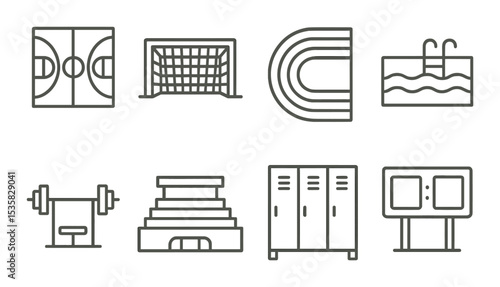 Sport facilities: court, goal post, track field, swimming pool, gym, stadium, locker room, scoreboard. Linear style, isolated, no text